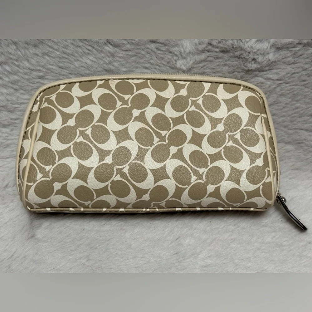 Coach Beige Signature Cosmetic Case with Pink Center Stripe - Picture 2 of 8